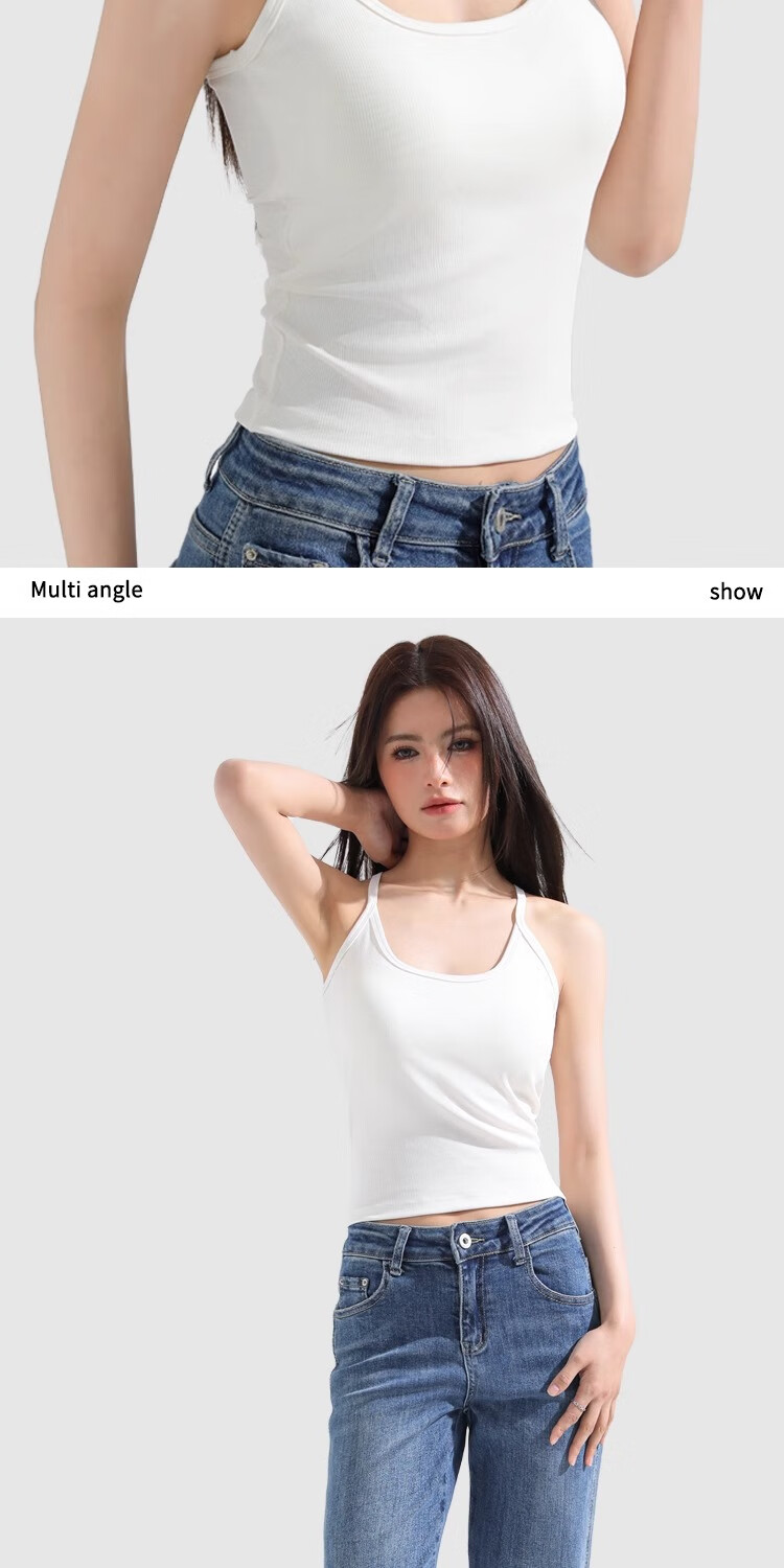 MiiOW Women's U-Neck Padded Strap Tank Top American Vintage Simple Ribbed Solid Color Slim Straps White 10