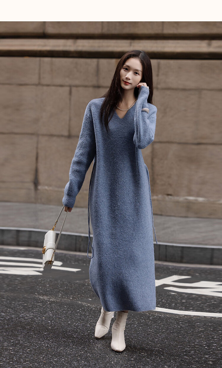 Dme Spring And Autumn Elegant V-Neck Loose-Fitting Drop Shoulder A-Line Slimming Belt Midi Dress for Wome 15