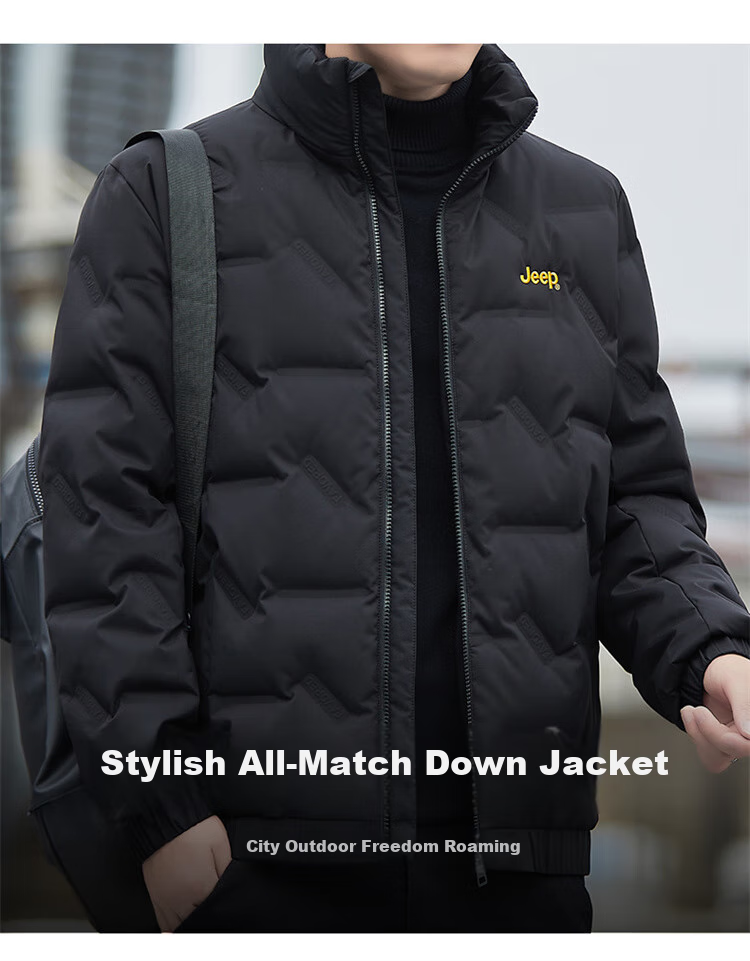 JEEP Men's down Jacket, Winter Short Casual Stand-Collar Coat, Trendy Warm Clothing for Men, Black, XL 1