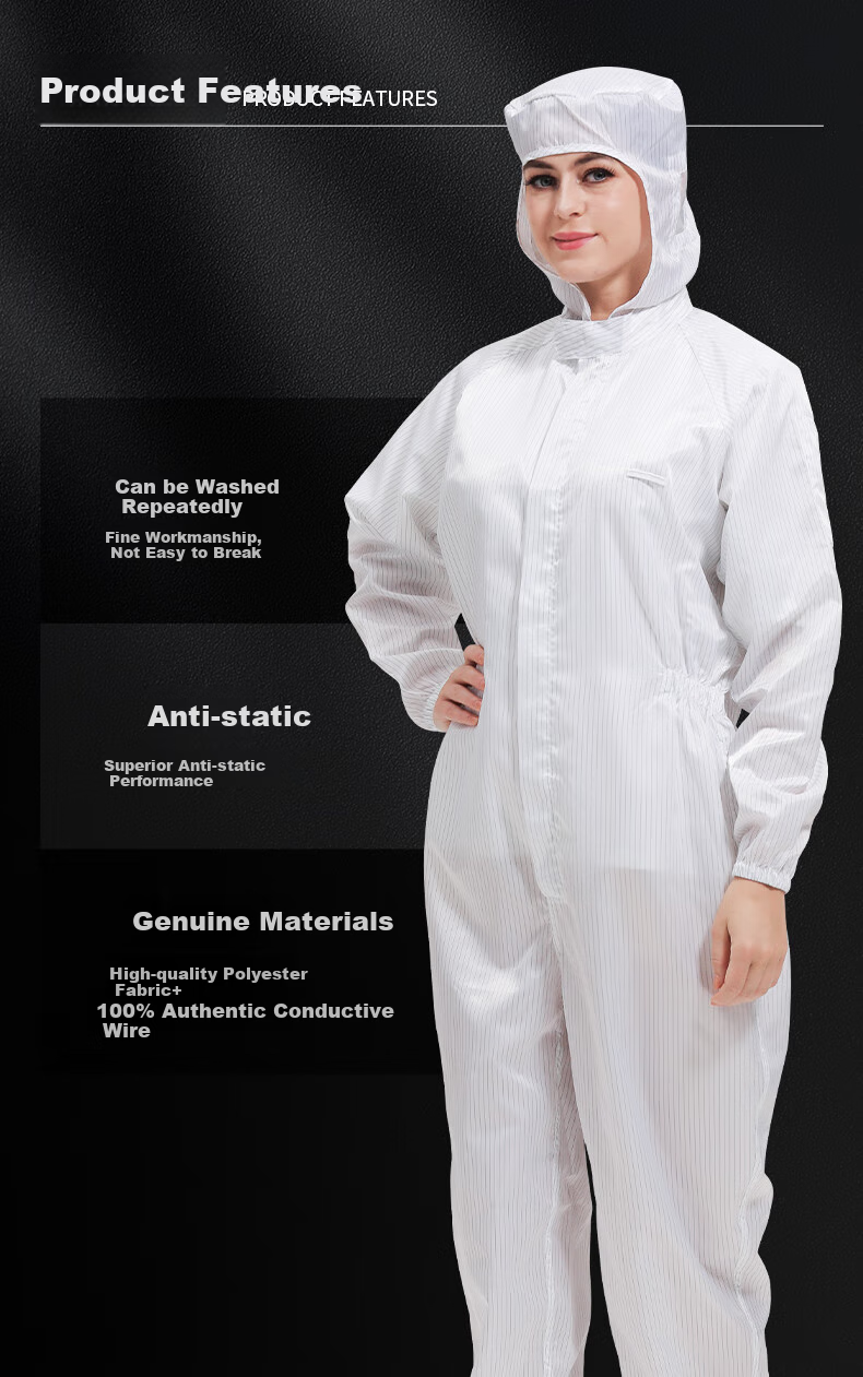 WK Cleanroom Suit, Dust-Proof Suit, Anti-Static Workwear, Clean Room Garment, Striped Hooded Three-Piece Suit, White, XL, Customizable 2