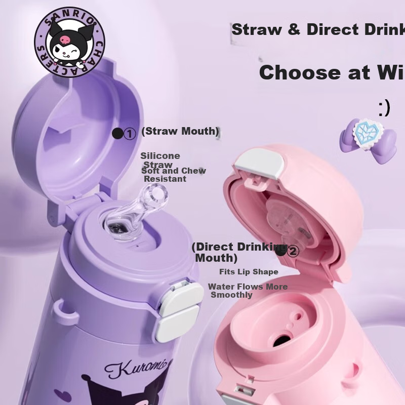 COODORA Children's Insulated Cup, Sanrio Kuromi, 316 Stainless Steel Straw, Direct Drinking, for Boys And Girls Students, School-Specific Water Bottle