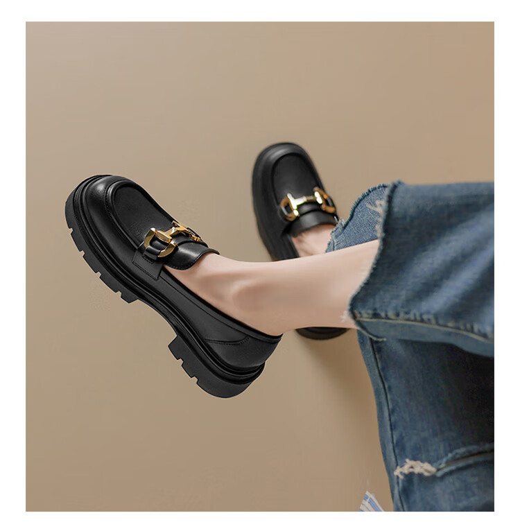 ZHR Women's Loafers, Soft-Soled Versatile Round-Toe Leather Shoes, British Style Chunky Heel Women's Shoes, OFTEP06, Black, Size 38 15