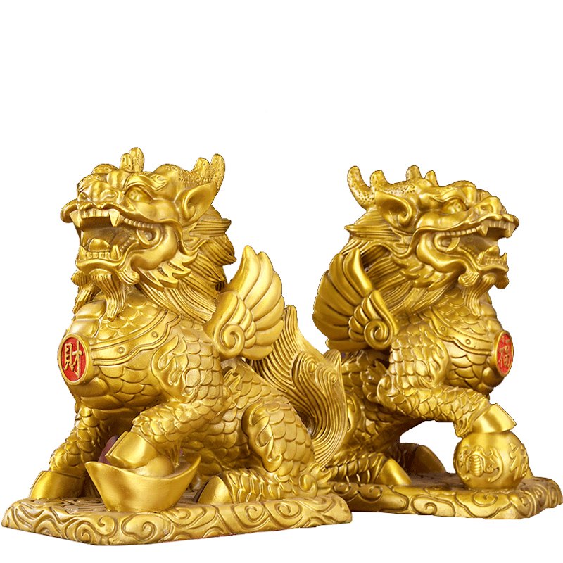 Feng Shui Pavilion Pair of Copper Qilin Figurines Male and Female Qilin Stepping on Ingots Living Room Office Crafts Opening Housewarming Gifts