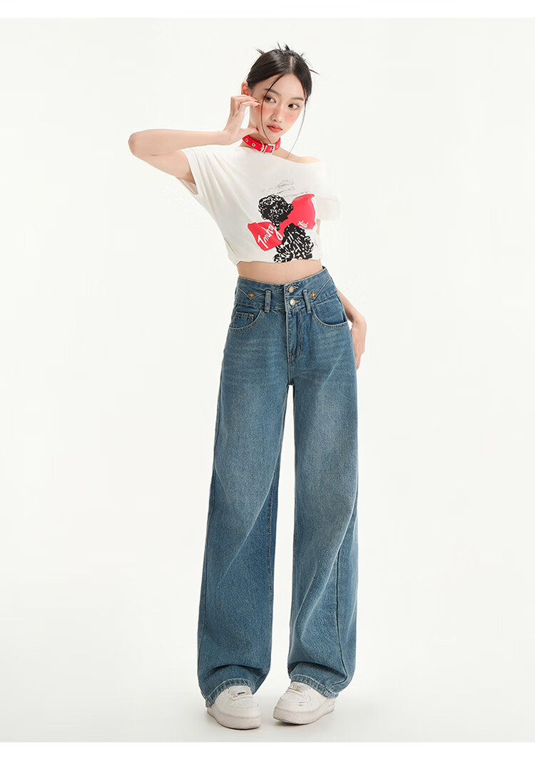Langsha Women's Jeans Spring Autumn High Waist Slim Wide Leg Draped Loose Straight Floor-Length Pants 19