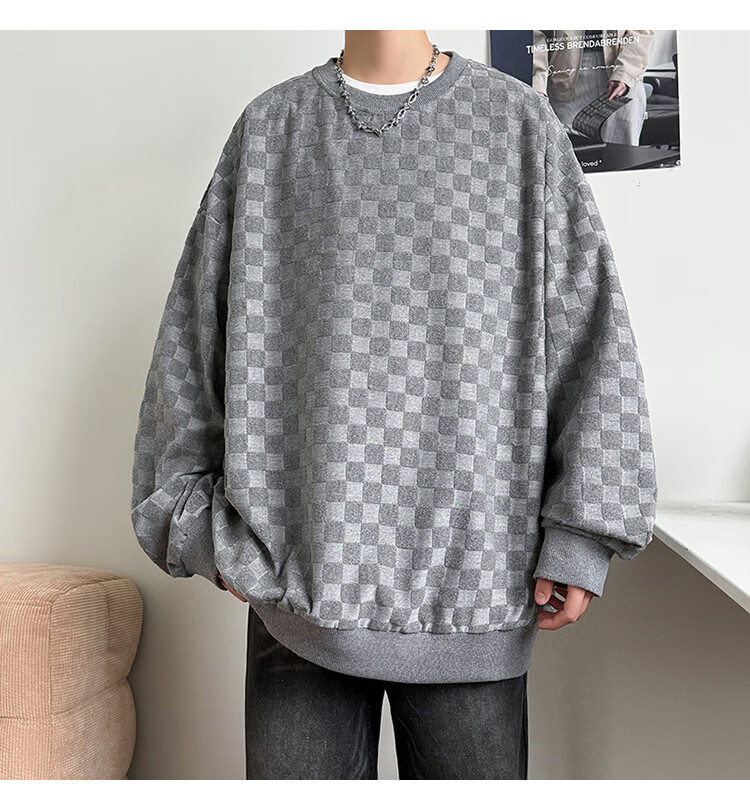 Dingfengbaoluo Japanese-Style Plaid Crew Neck Sweatshirt for Men, Spring Loose-Fitting High-End Casual Base Layer Top DFL77 Black XL 21