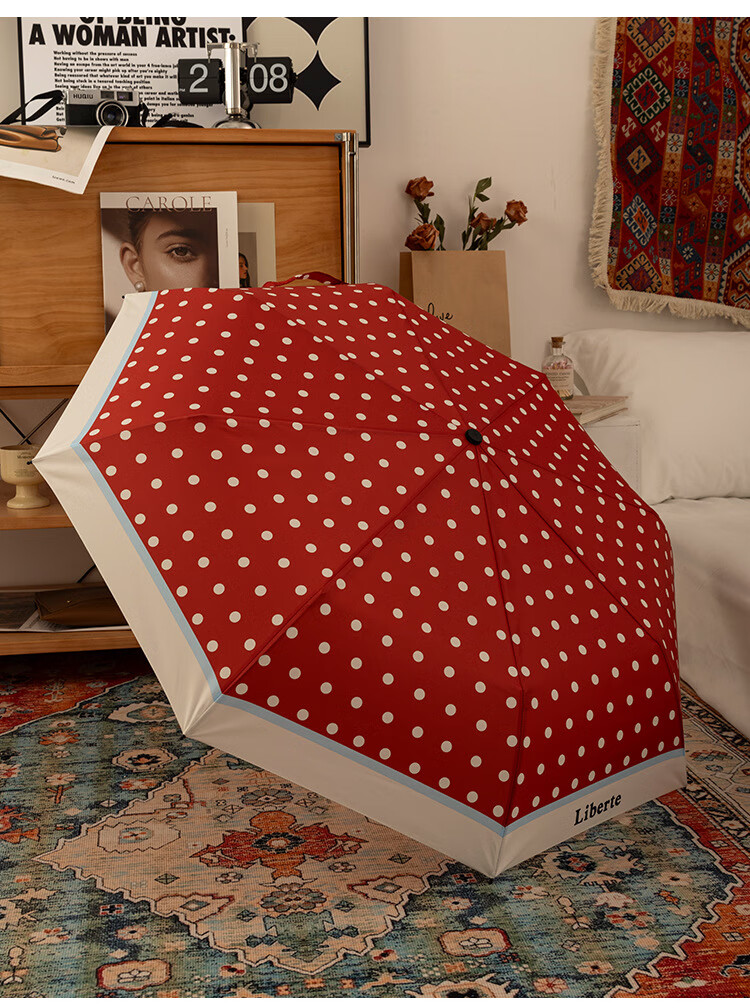 Fanyejia Vintage Hong Kong Style Sun Umbrella, Dual-Use for Sunny And Rainy Days, French Polka Dot Design, Sun Protection, UV Protection, Foldable, Curved Hook, Women's Sunshade Umbrella 8