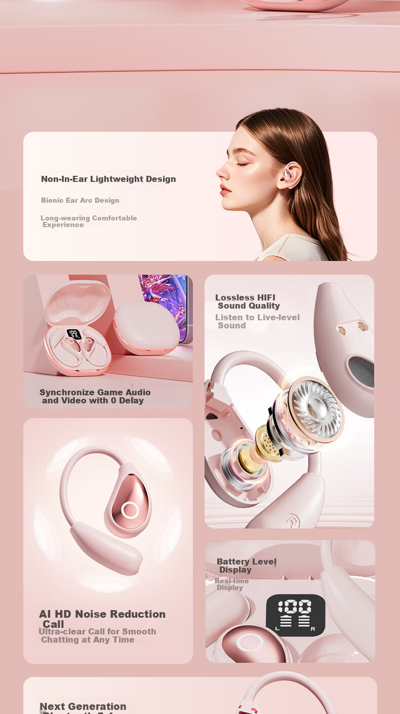 CLAISON [2025 New Model | Berlin Voice] Bluetooth Earphones, Over-Ear Bone Conduction Concept, Open Wireless Non-In Sports Running Noise-Cancelling Ear Clip Style M95-Yuan White 2