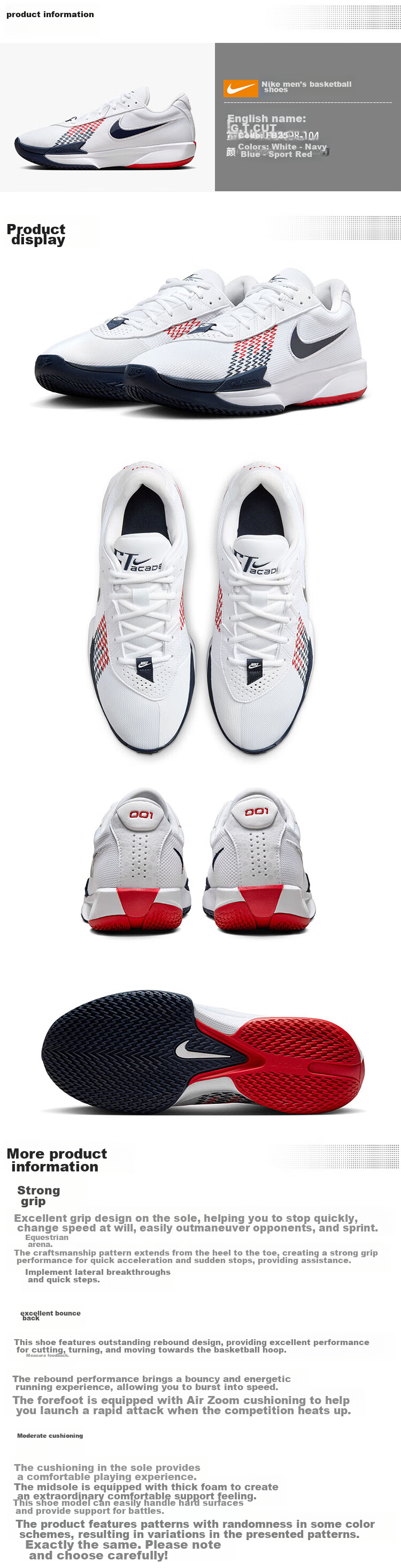 NIKE Men's Basketball Shoes G.T. CUT Shock-Absorbing Sneakers FB2598-104, White/navy Blue, Size 44 1