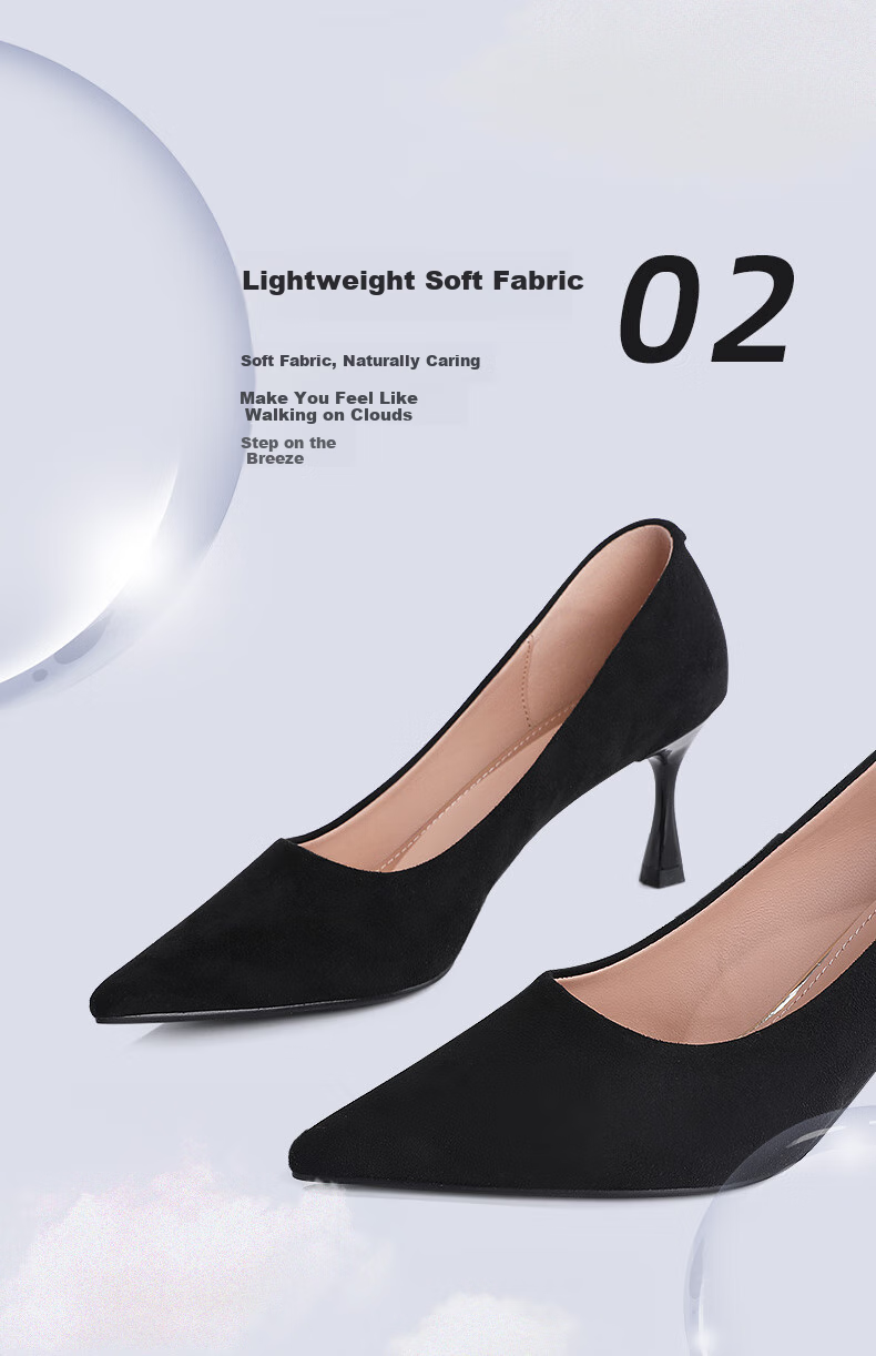 DAPHNE Qixi High Heels, Women's Suede Thin Heel Slip-On, Professional Elegant Pointed Toe Shoes, Velvet Black (7cm Heel Height), Size 34 4