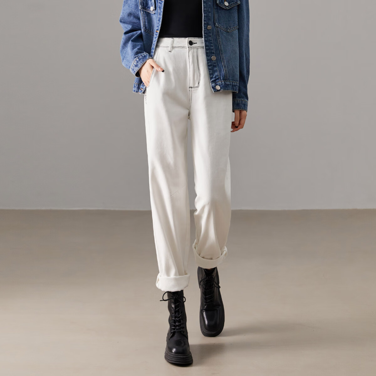 DME Spring Autumn Winter Long Leg Pure Cotton Harem Pants Color-Blocked Stitching Fashionable Women's Jeans White Fleece Lined Size 28