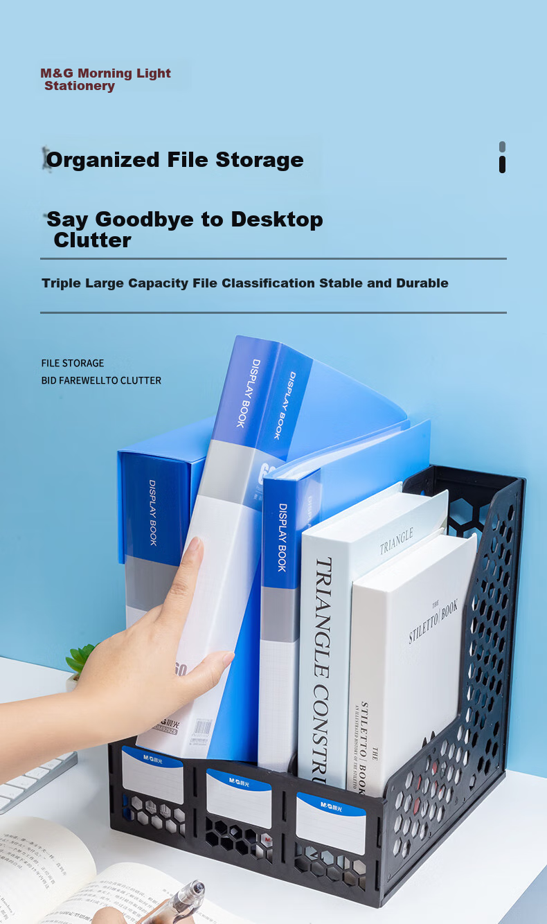 M&G Three-Tier Hollow Desktop File Organizer, Three-Column with Labels Stable File Tray/file Basket/document Holder, Black Single Pack ADM929R7A 1