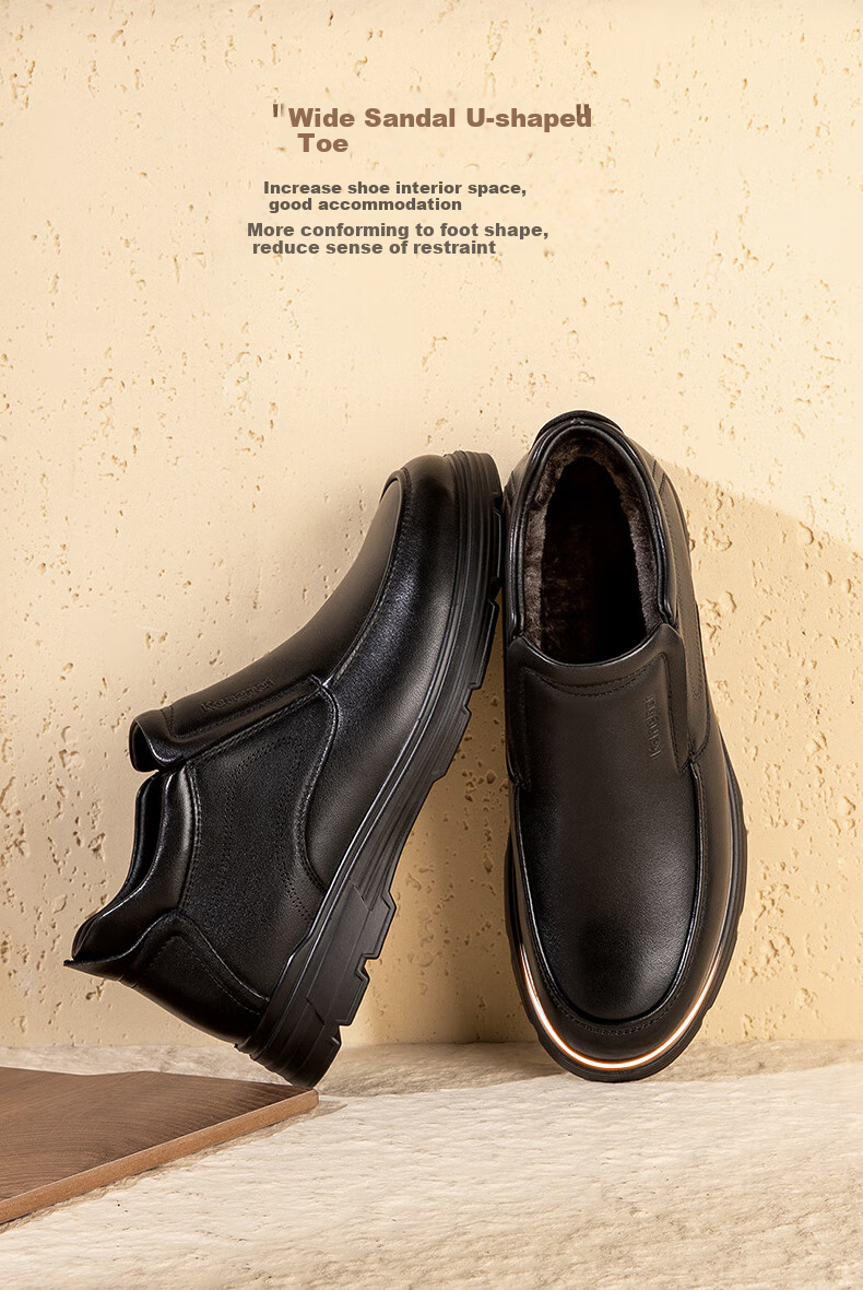 Kangnai Men's Shoes, Top-Layer Cowhide, Winter Warmth, Fleece-Lined, High-Top Leather Shoes, Men's Business Casual Shoes, Black, Size 39 4