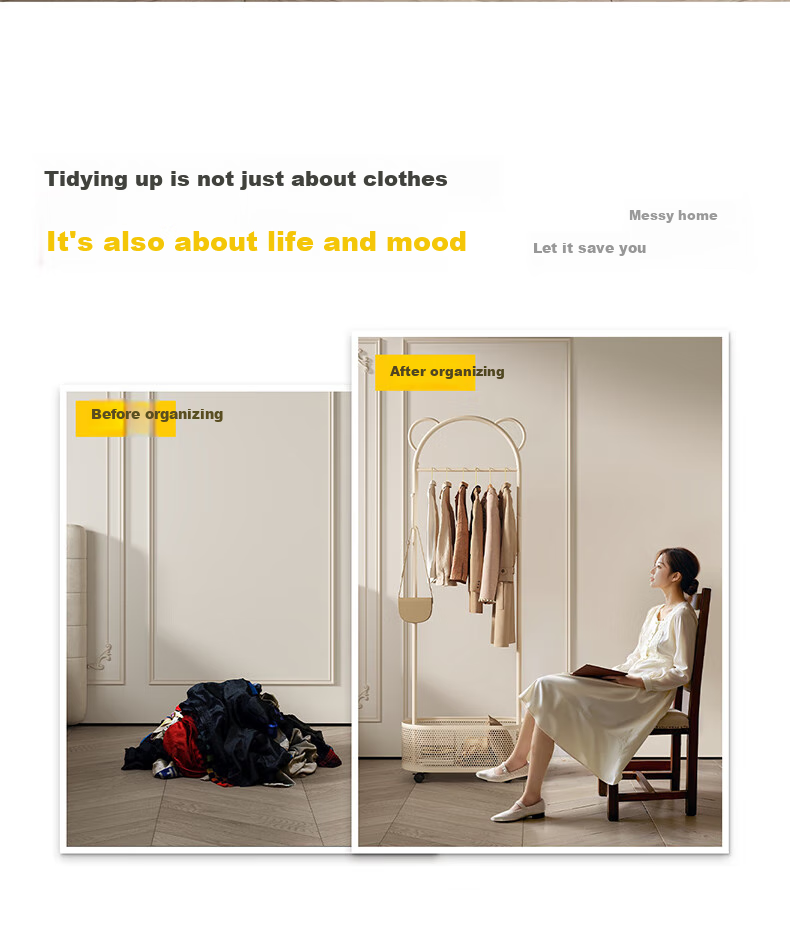 XIAOJIANGCAI Coat Rack, Floor-Standing Clothes Hanger, Mobile with Wheels, Drying Rack, Living Room Simple Storage Coat Stand, 60cm, Cream White 2