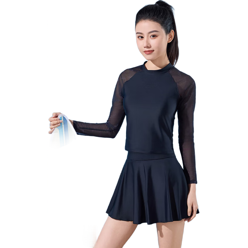 Li-Ning Women's Two-Piece Swimsuit with Skirt, Boyshorts, Long Sleeves, Conservative, Tummy-Concealing, Slimming, Vacation Hot Spring Swimwear 484 Black XL