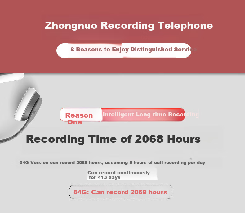 CHINO-E G025 Black 64GB Large Capacity Voice Recorder Landline Phone with Recording Function, 2068 Hours Intelligent Automatic Recording, Office And Home Use Fixed-Line Telephone, Message Recorder And Answering Machine 2