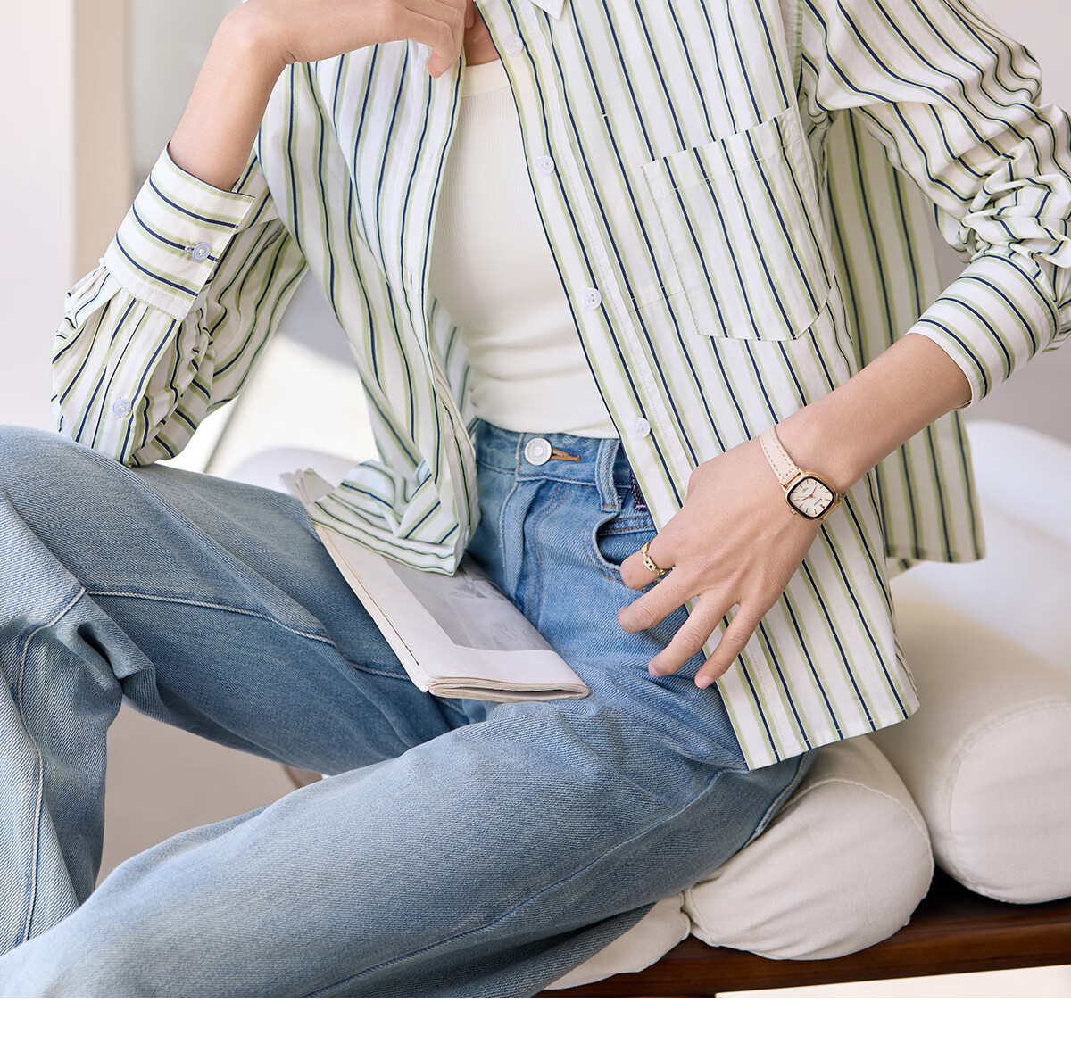 Chushen Women's Long-Sleeve Shirt, Contrasting Color Lapel, Classic Striped Short Casual Commuter Pure Cotton Blouse S51S043 4