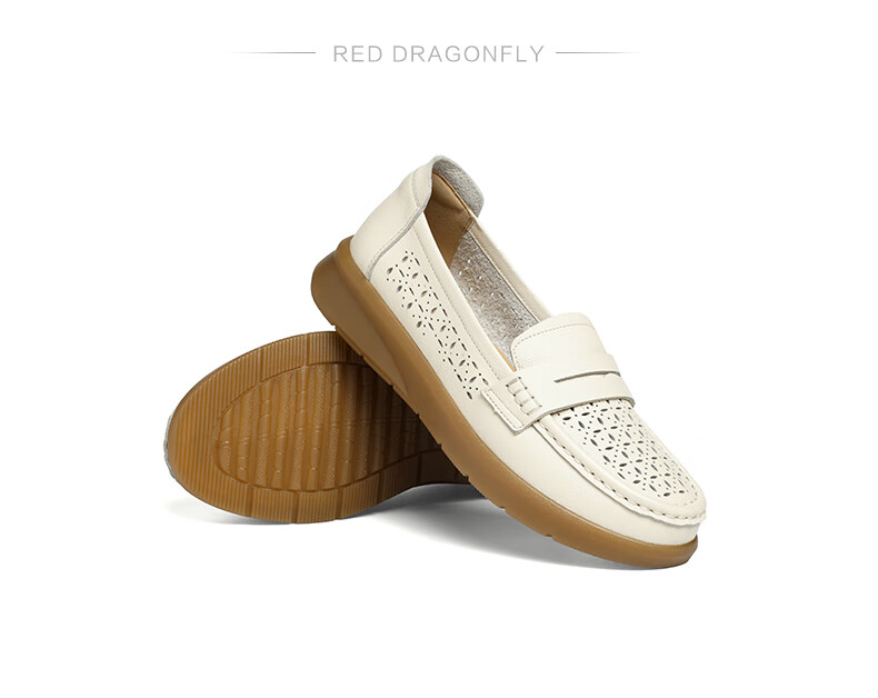 RED DRAGONFLY Women's Flats for Spring And Summer, Hollow-Out Shallow Mouth Flats, Soft-Soled Genuine Leather Shoes for Middle-Aged And Elderly Women WTB15149 Apricot Color Size 37 8