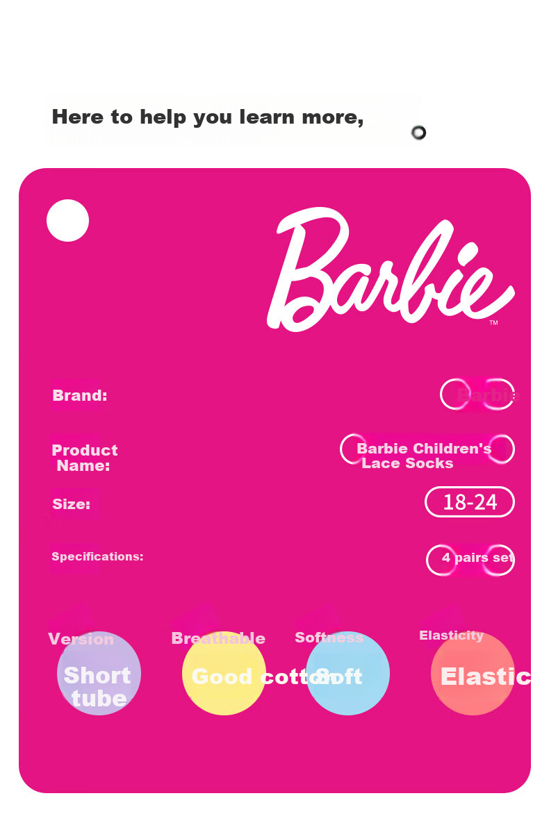 Barbie Girls' Socks, Cute Mid to Big Kids Cotton Short Socks, Spring And Autumn Girls' Student Mid-Calf Socks, Children's Seamless Cotton Socks 4