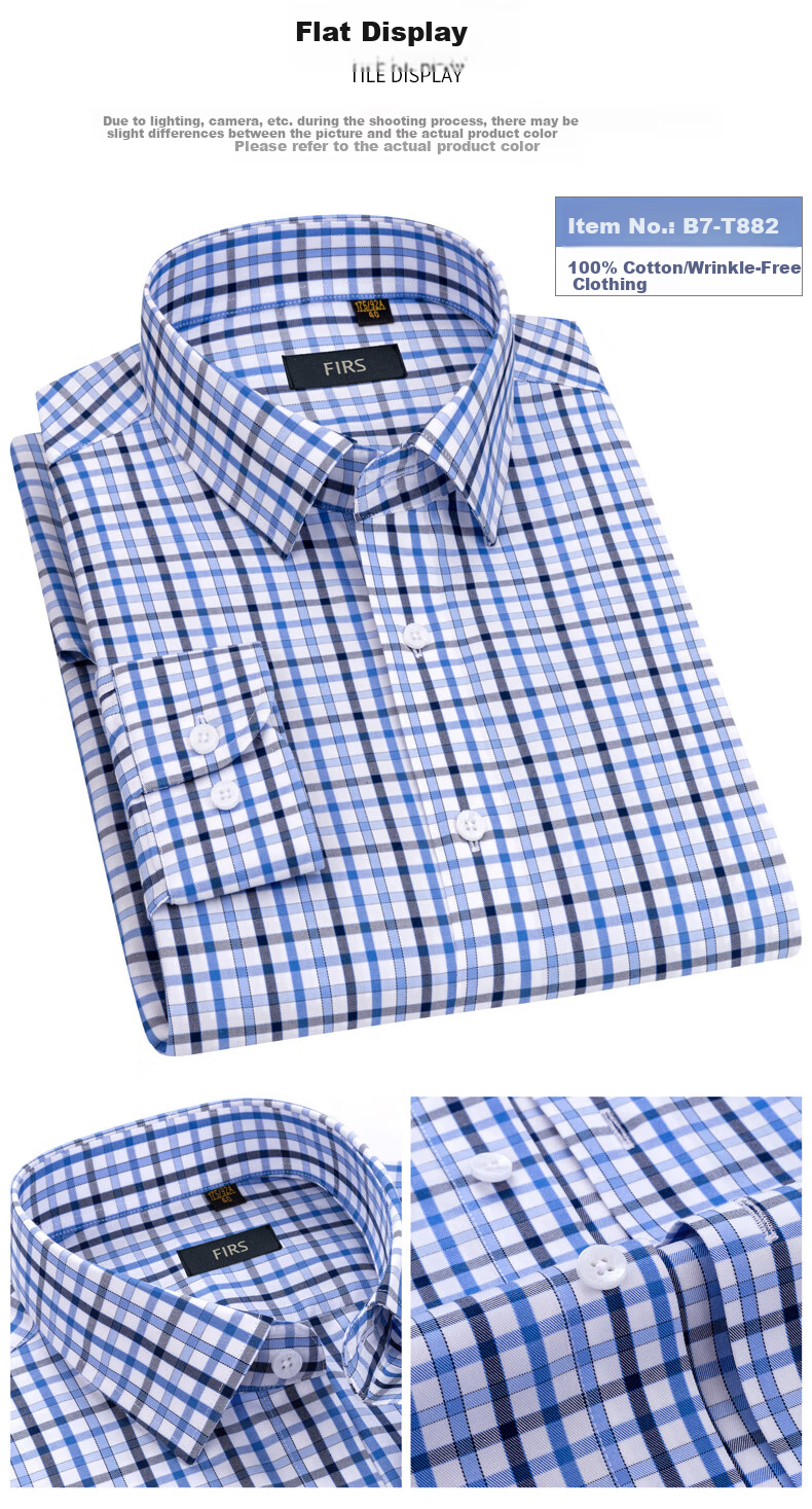 FIRS [DP Wrinkle-Free] Men's Long-Sleeve Shirt, Wrinkle-Free Business Casual Pure Cotton Shirt, A1-T882 Long-Sleeve Blue Plaid, Size 38 1