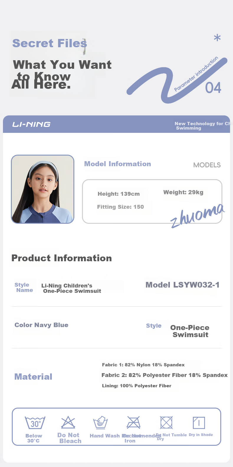 Li-Ning Children's Swimsuit, One-Piece Dress Style for Girls, Youth Swimwear, Student Girls' Swimwear, 0321 Gray-Blue, Size 150 7