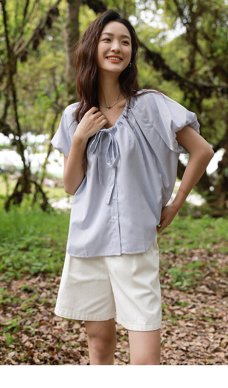 Dme [Academic Style Striped Shirt] Summer Youthful Lantern Sleeve Collar Butterfly Stripe Short-Sleeve Women's Shirt 15