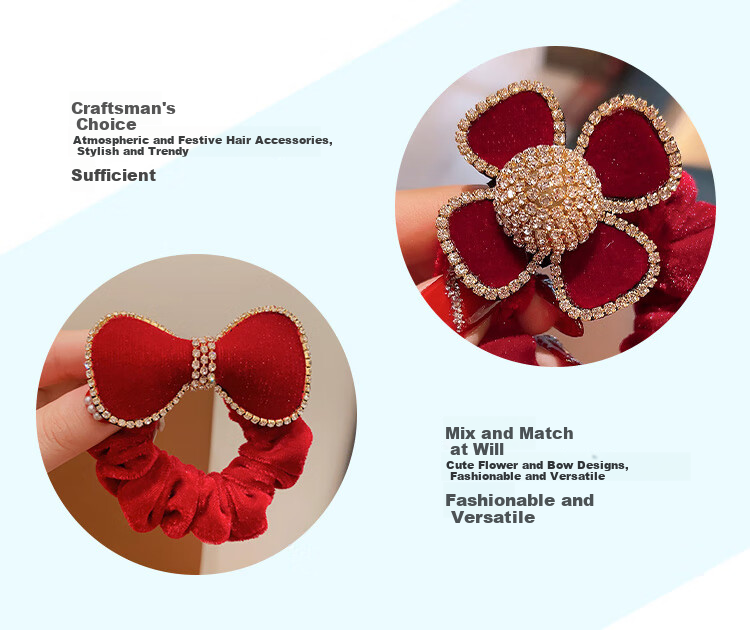 CHIMERA Red 2-Piece Children's Bow Hair Ties, Scrunchies, Ponytail Holders, Hair Bands, Hair Accessories for Girls, New Year Gift 3