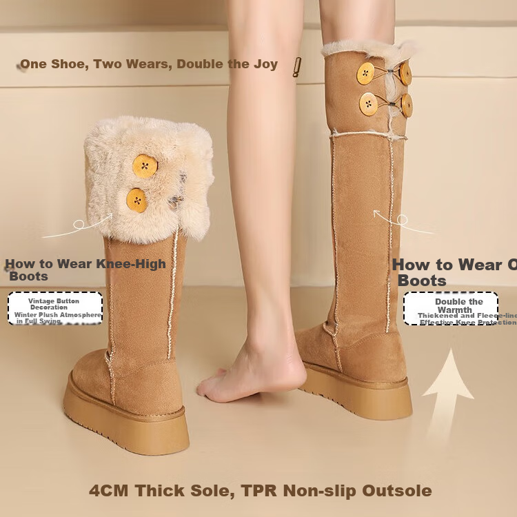 DAPHNE Autumn And Winter Fleece-Lined Thickened Dual-Wear Snow Boots, Northeast Warm Thick-Soled Slimming Tall Cotton Boots, Brown, Size 36