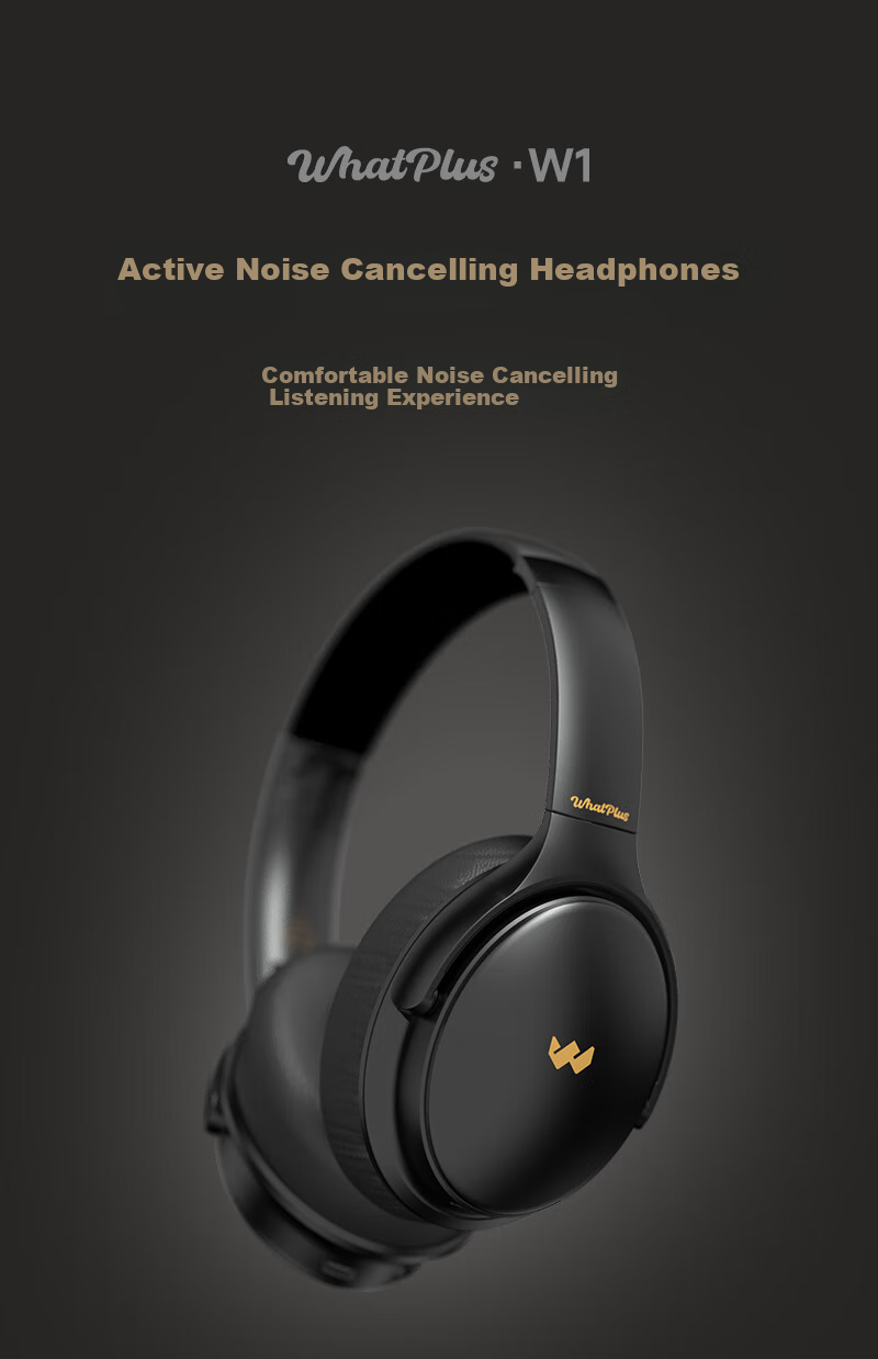 WHATPLUS W1 Active Noise Cancelling Headphones, Over-Ear Bluetooth Wireless Sports Earphones, HIFI High-Definition Stereo Outdoor Headphones, Soundproof, Compatible with Apple Huawei Computers PC, Black And Gold Color 1