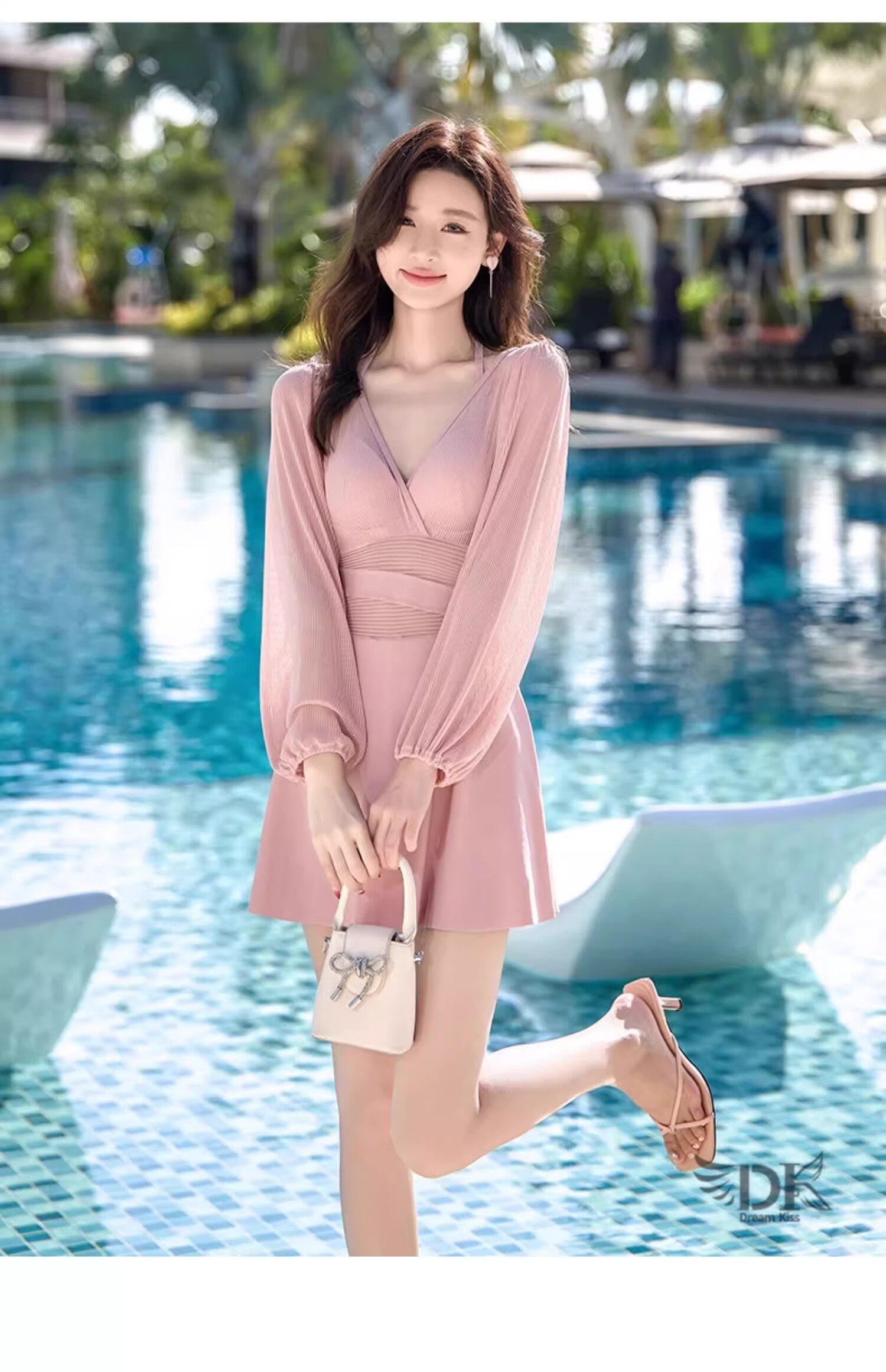 DK Women's Swimsuit, 2026 New Style, One-Piece Long Sleeve, Slimming, Elegant, Conservative, Suitable for Hot Springs, Beautiful Adult Swimwear, M Size 14