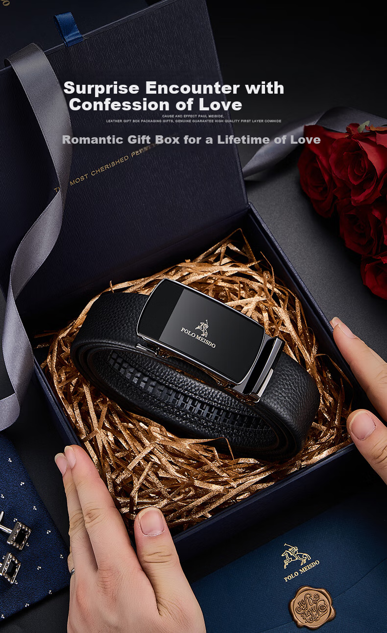 POLOMEISDO Men's Genuine Leather Belt with Automatic Buckle, Gift Box, Sold by JD, Birthday Gift for Boyfriend, Husband, Father 1