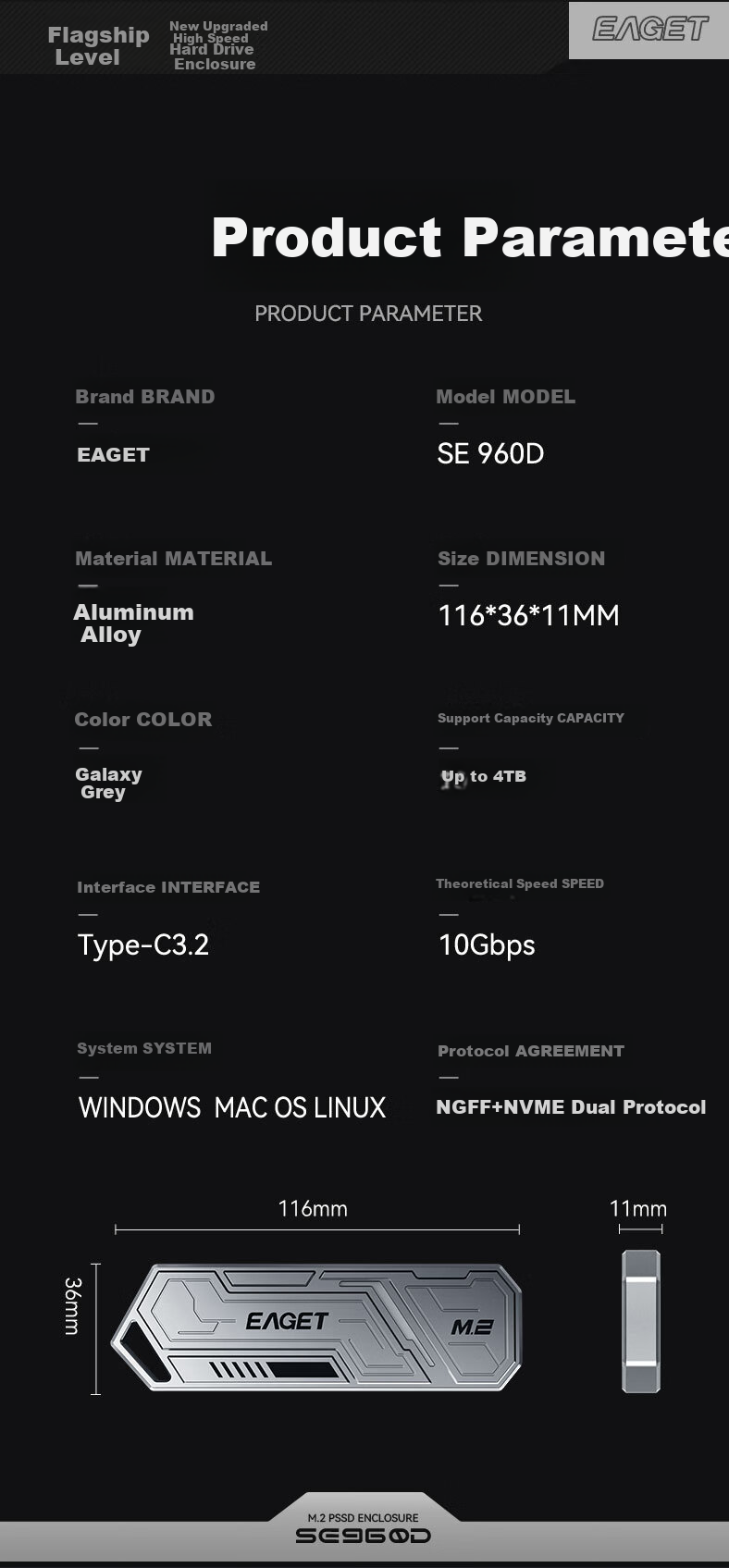 EAGET M.2 NVME/SATA Dual-Protocol SSD Enclosure, USB3.2/Type-C Interface, Compatible with Laptop And Desktop, External SSD Case SE960D 14