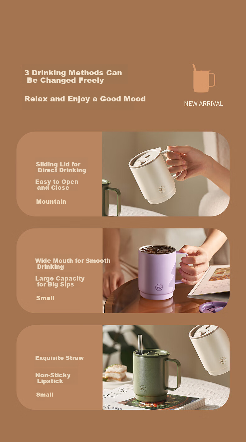 FU Fugang Jia Office Insulated Antibacterial Stainless Steel Tea Mug High-Value Lid Straw Water Bottle 6
