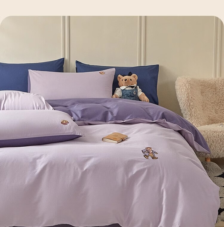 Teenie Weenie Class A Pure Cotton Three-Piece Set, All-Cotton Washed Cotton Single Bed Sheet, Duvet Cover, Bedding for Student Dormitory, 1.2m Bed, Gray Purple + Dark Purple 12