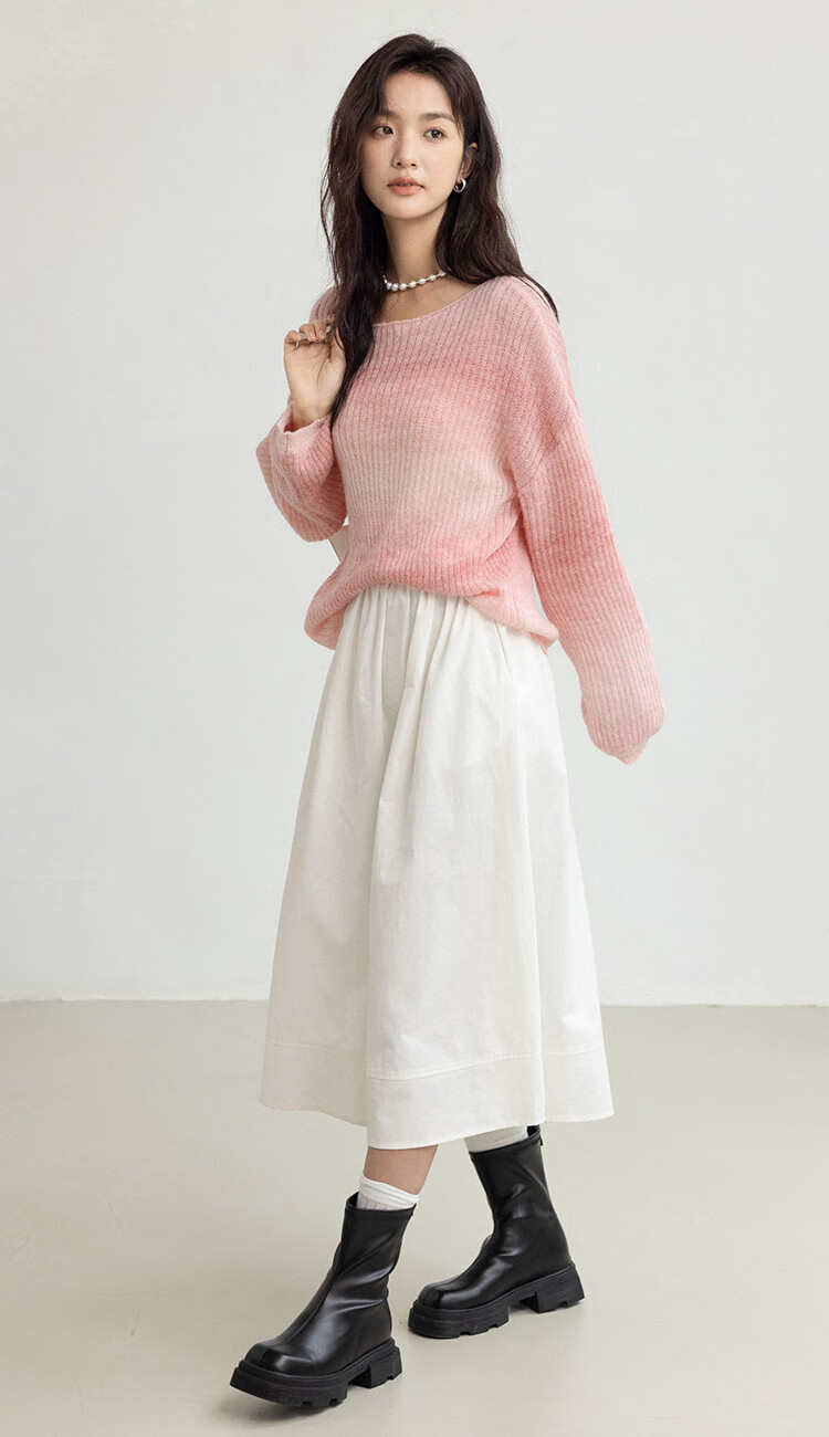 Demana Peach Blush Gradient Design Long Sleeve Knit Sweater Women Winter Crew Neck Pullover 3