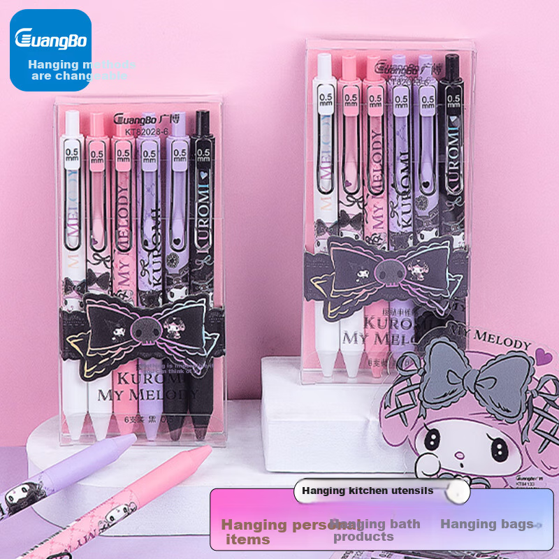 GuangBo Sanrio Gel Pens, 6 Retractable 0.5mm ST Tip Pens for Students' Exams And Writing, Black, Kuromi Design, High Aesthetic Value, Back-To Stationery, KT82028