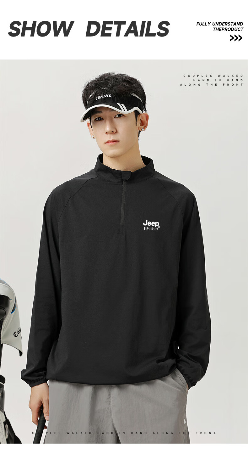 JEEP SPIRIT Quick-Dry Sports T-Shirt for Men, Spring And Autumn Long-Sleeve Undershirt, Running Sports Half-Zip Top for Men, Light Gray, L 1