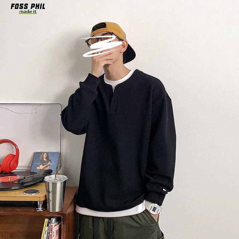 Foss Phil Men's Sweatshirt, Spring And Autumn Korean Style Patchwork Versatile Fake Two-Piece Casual Inner Layer Base Top, 2504 Black XL