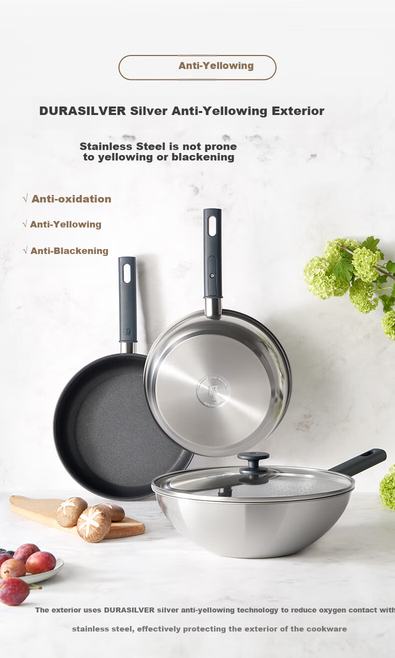 ZWILLING Stainless Steel Wok, Anti-Yellowing, Non-Coated, Compatible with Induction Cookers, SILVER Series, Household Stir-Fry Pan, 30cm 6