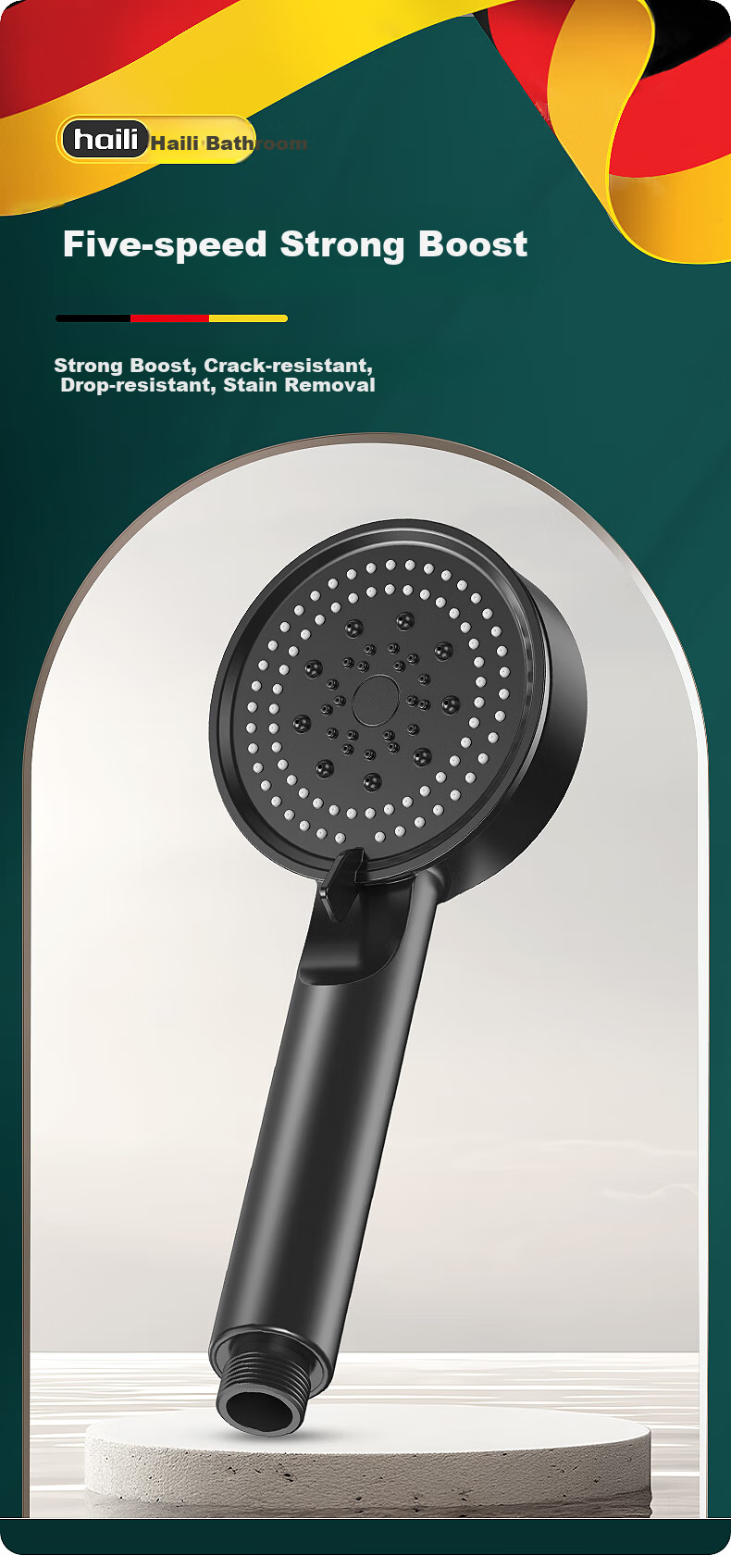 Haili Five-Speed Booster Shower Head, No Drilling Required Bracket, 1.5-Meter Hose, Self-Cleaning 996H-3 Handheld Shower Head Three-Piece Set, Bathroom Bathing Shower System 2