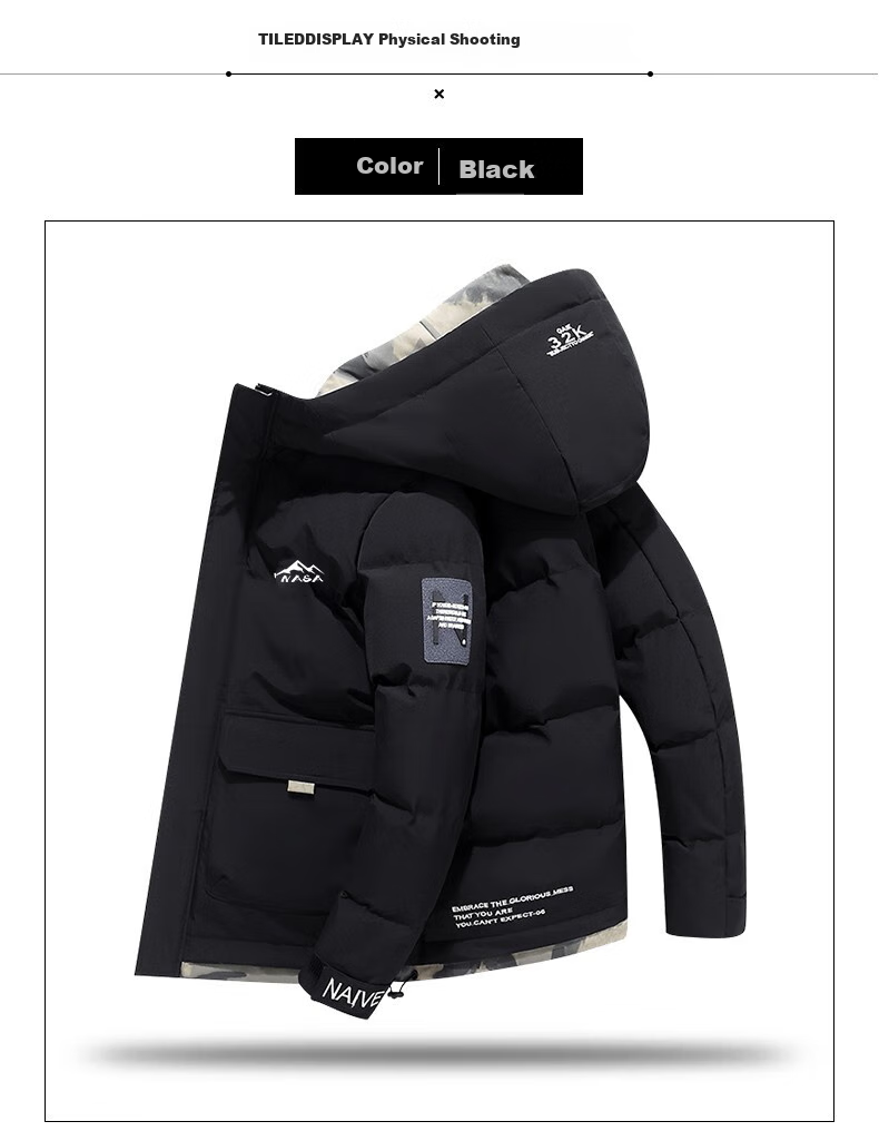 NASA MARVEL Men's Cotton Padded Jacket Autumn Winter Coat Hooded Warm Windproof Black 2XL 3