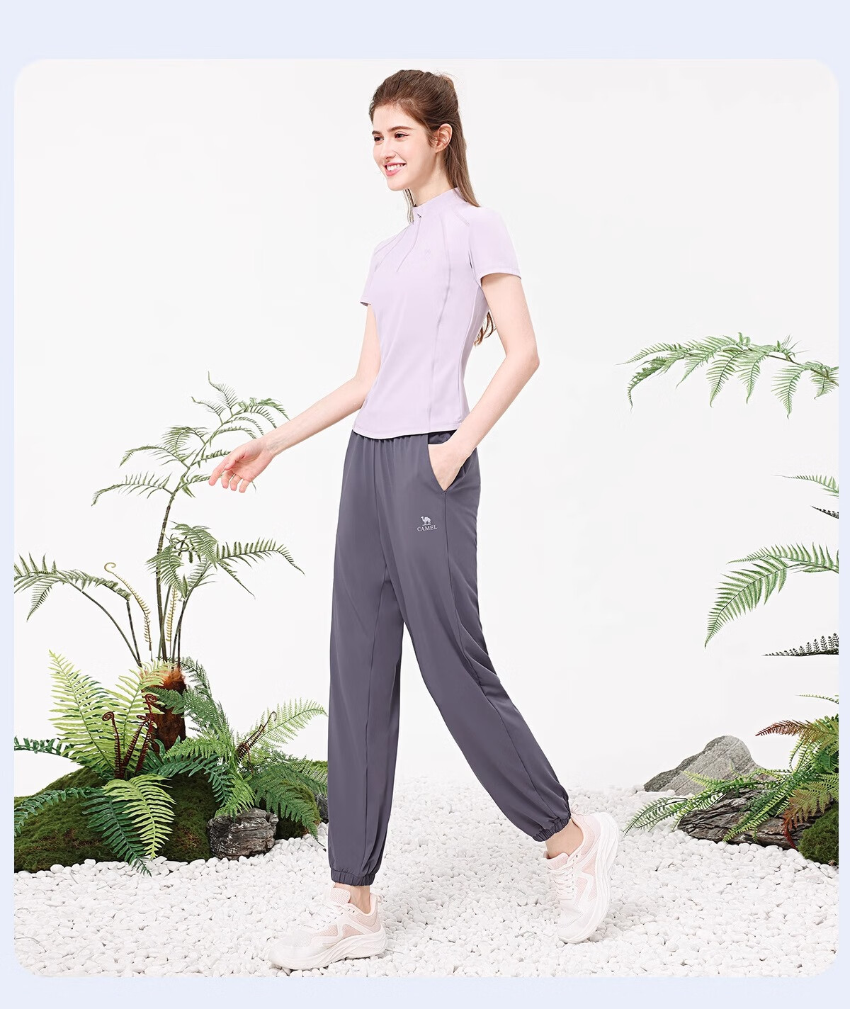 CAMEL Yoga Set Quick-Dry Breathable Sports Women's Short-Sleeve Two-Piece Set L Ice Blue/gray Lavender, Stand-Up Collar Style 28