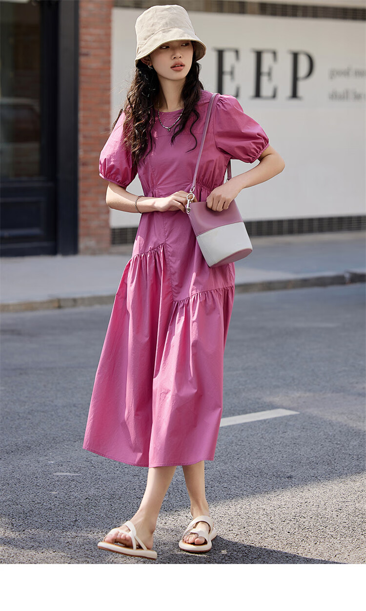 Dme [Puff Sleeve Ruched Dress] Summer Dopamine Sweet Style Round Neck Dress 13