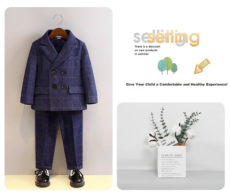 LUOBOBEIBEI Children's Suit Plaid Boys Formal Wear Set for Piano Performance, Host, And New Year Greetings, Navy Blue Five-Piece Set, Size 110 8