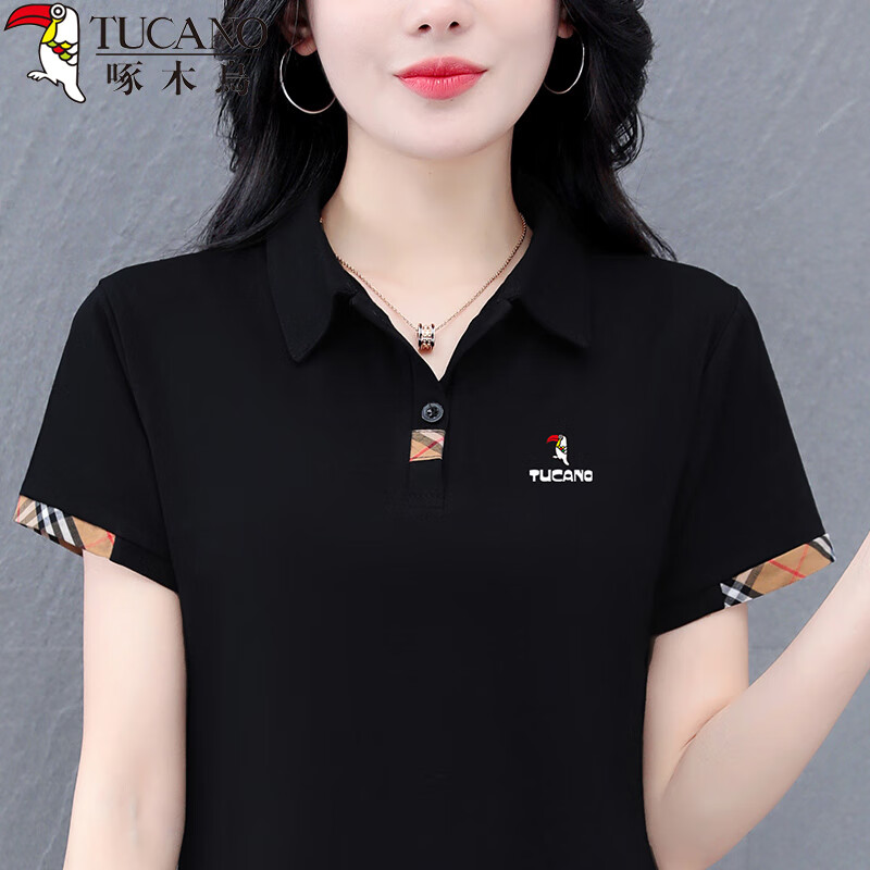 TUCANO Lapel Short-Sleeve T-Shirt for Women, Summer New POLO Shirt, Pure Cotton Regular Shoulder Slimming Athletic Casual Top, Black, M