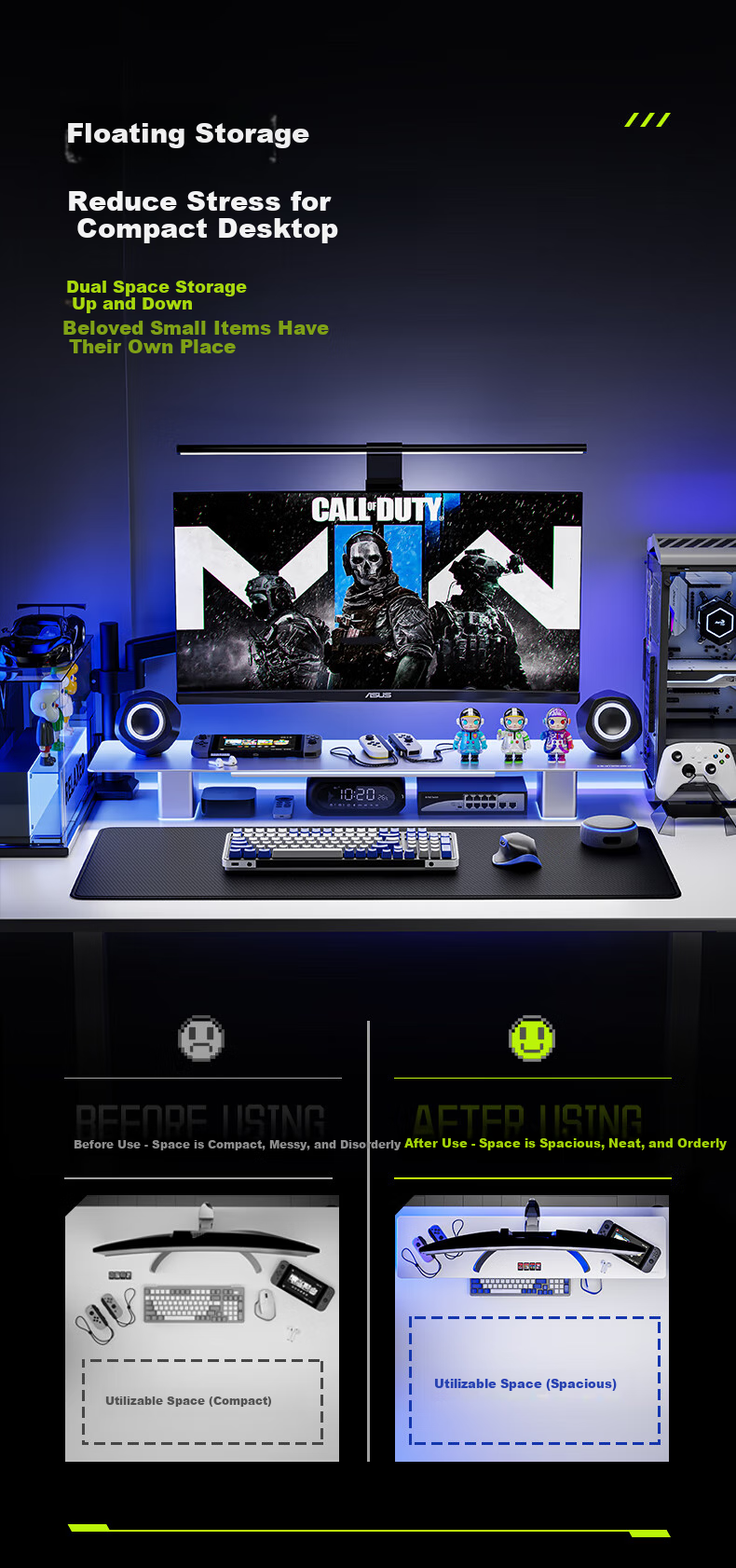HUMANEX Monitor Riser Stand, Laptop And Desktop Computer Display Stand, Precision Aluminum Material, Dual-Screen RGB Gaming Lighting Effects, Desktop Keyboard Storage Rack, D16-UG 4