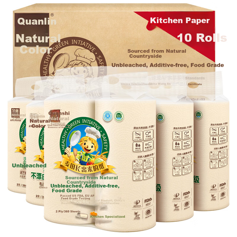 Quanlinbense Kitchen Paper Towels, 180 Sheets * 10 Rolls, Toilet Paper Rolls, Oil-Absorbing, Water-Absorbing, Food-Contact Cleaning, Stain-Removing, Gentle on Hands