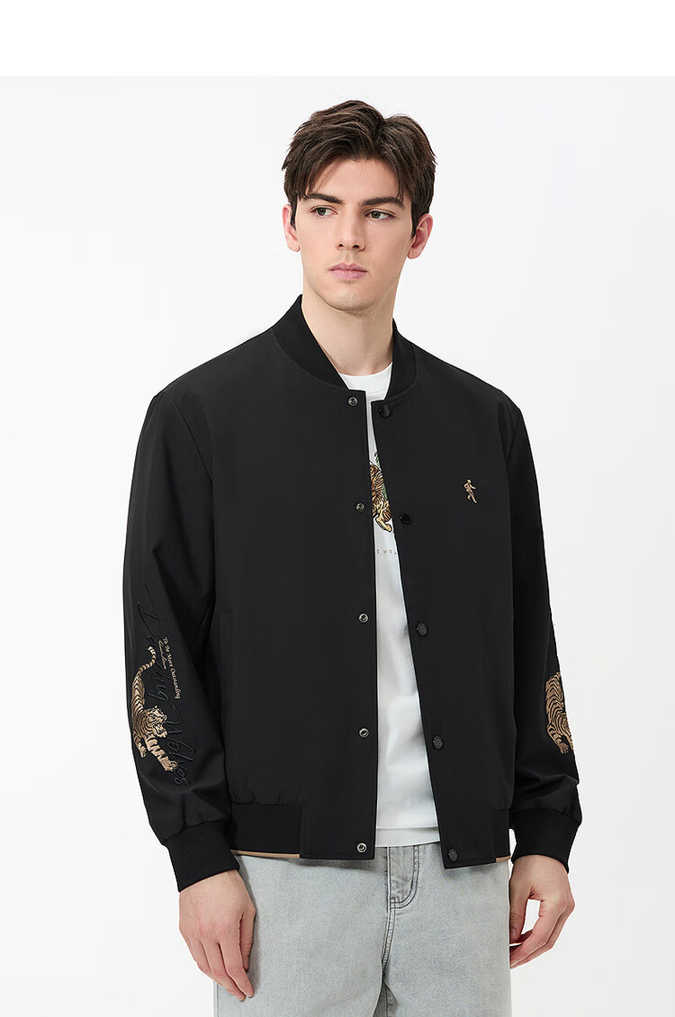 DANCING WOLVES [Tiger Logo Embroidery] Men's Baseball Collar Jacket, Easy-Care Versatile Coat, 001 Black, L(175) 5