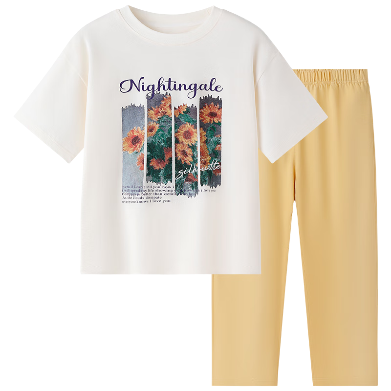 Inbolun Girls Summer Thin Short Sleeve Pajama Set for Older Children, High School Students, Homewear 20960 Off-White 175