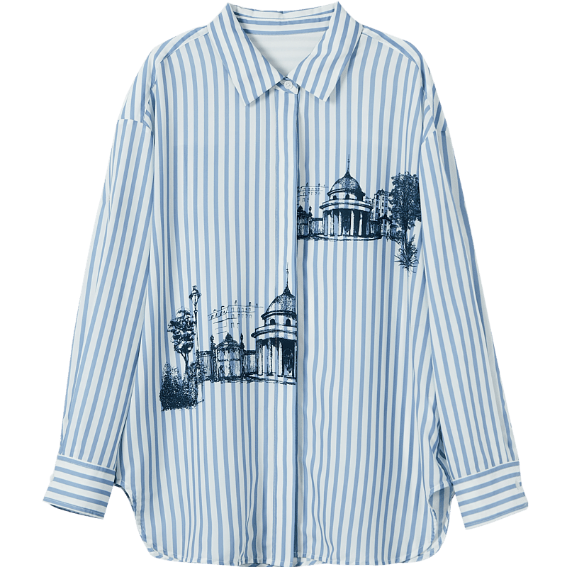 Dme City Roaming Spring Autumn Artistic Striped Architectural Print Drop Shoulder Comfortable Slimming Shirt for Women