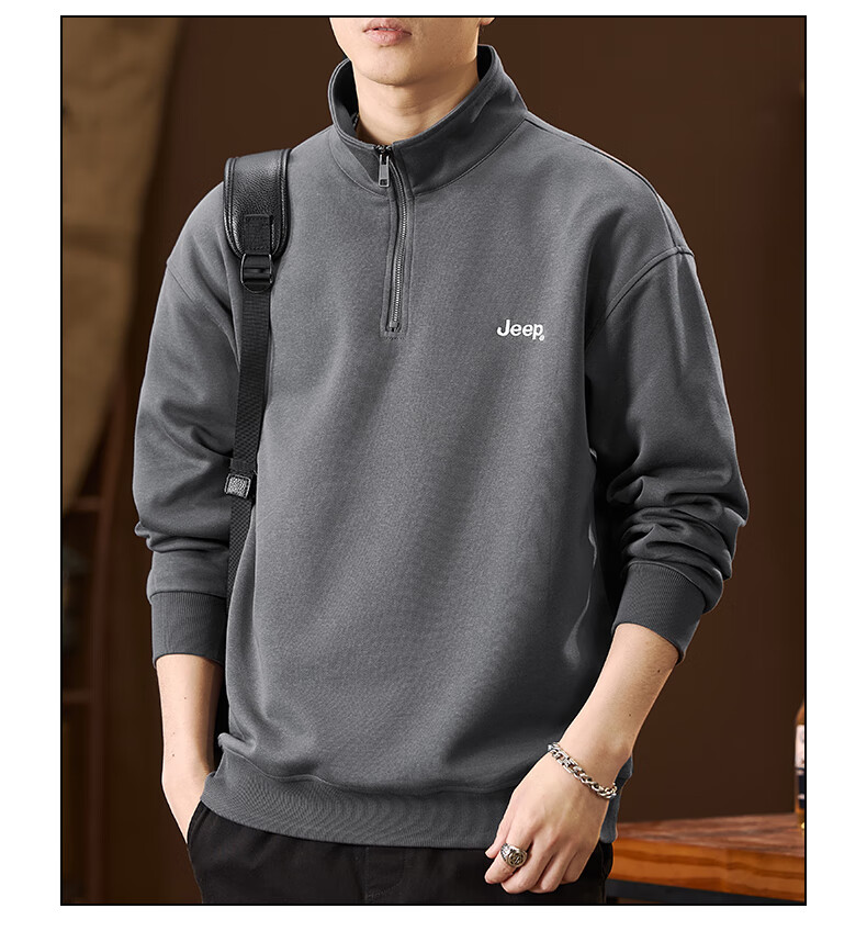 JEEP American-Style Sweatshirt for Men, Spring Trendy Semi-Turtleneck Zip-Up Top, Loose Casual Long-Sleeve T-Shirt for Men's Clothing 15